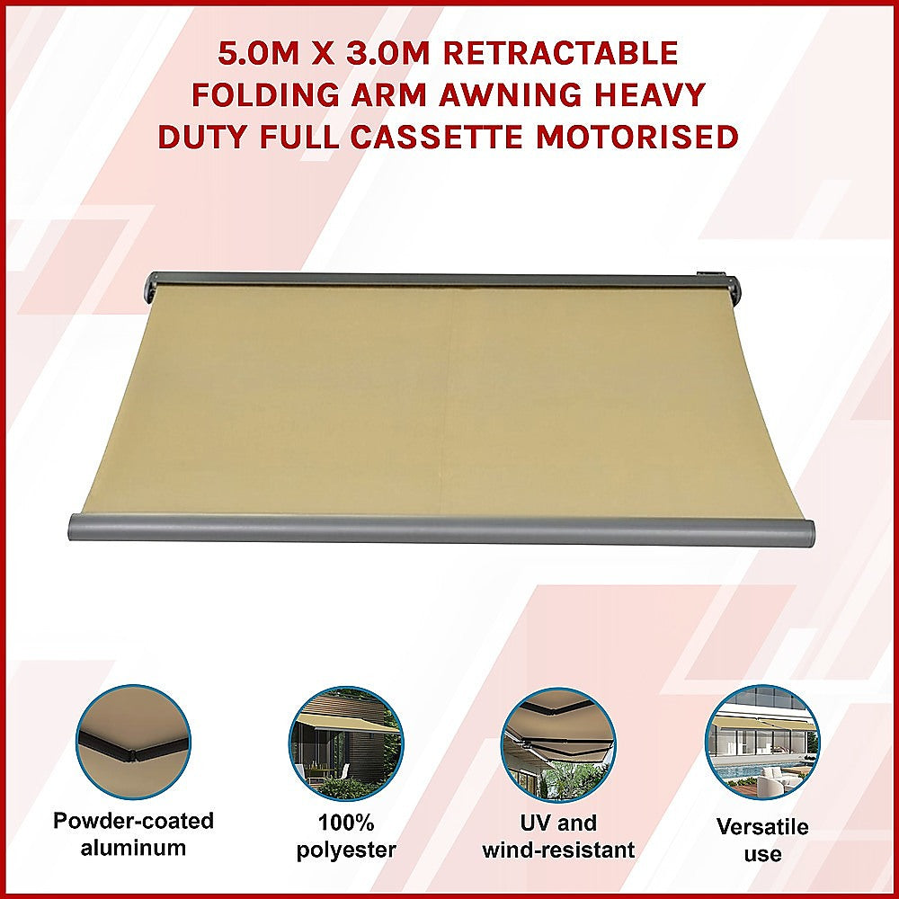 5.0m x 3.0m Retractable Folding Arm Awning Heavy Duty Full Cassette Motorised V63-821233