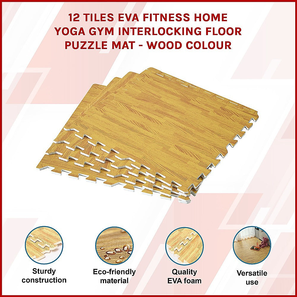 12 Tile EVA Interlocking Gym Floor Mats Wood Colour for Home Yoga V63-821293