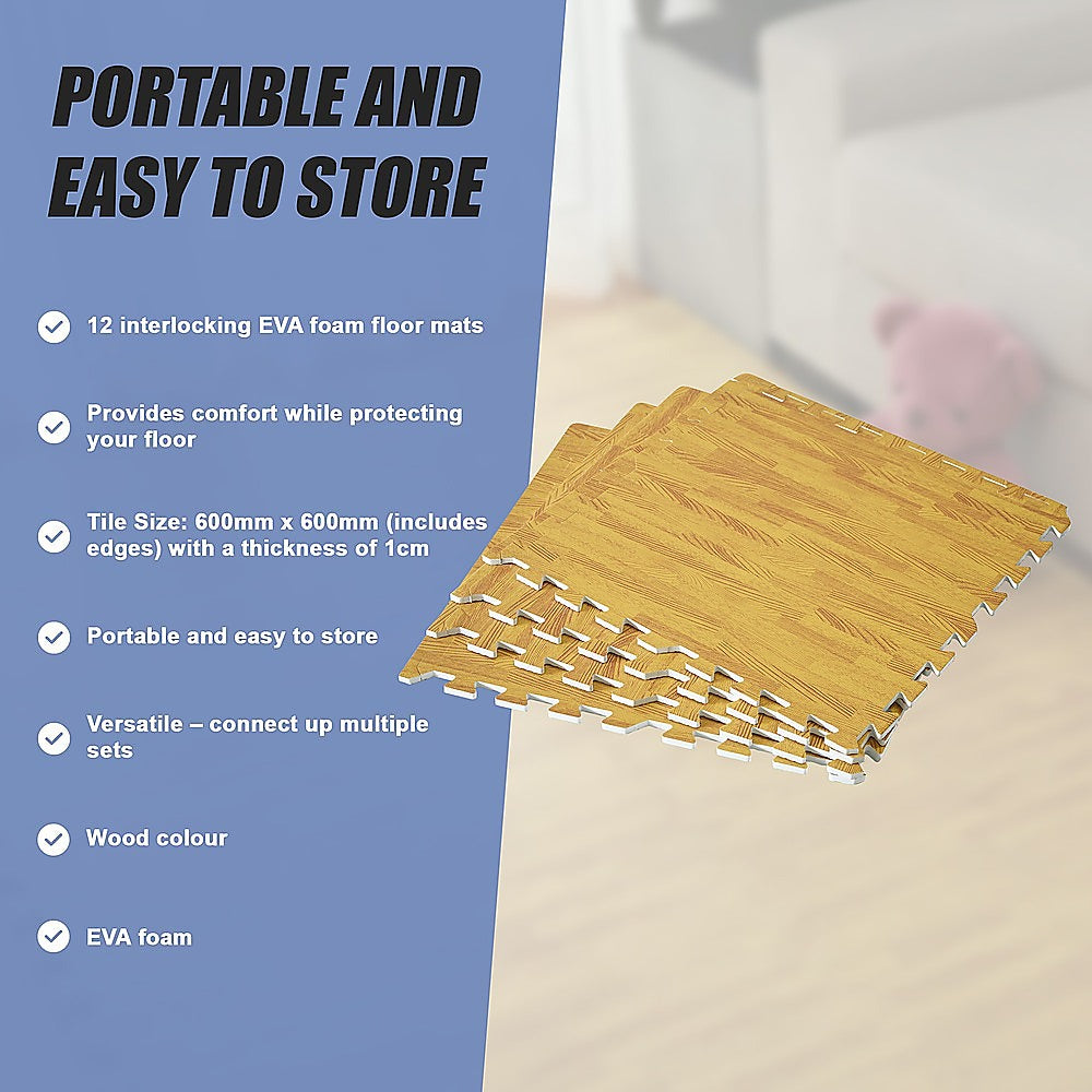 12 Tile EVA Interlocking Gym Floor Mats Wood Colour for Home Yoga V63-821293
