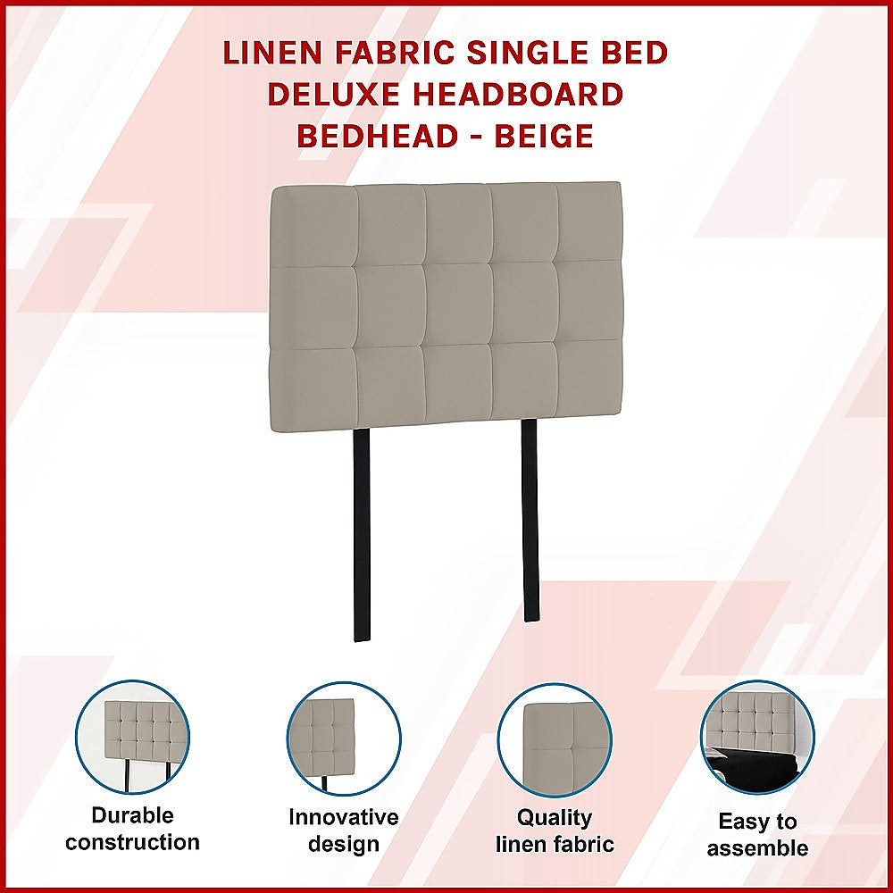 Linen Fabric Single Bed Deluxe Headboard Bedhead - Beige V63-821373