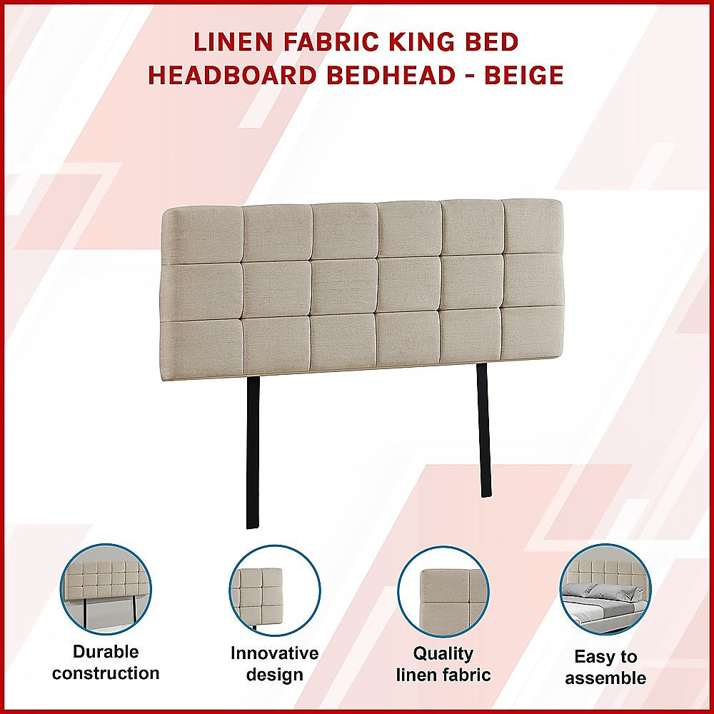 Linen Fabric King Bed Deluxe Headboard Bedhead - Beige V63-821403