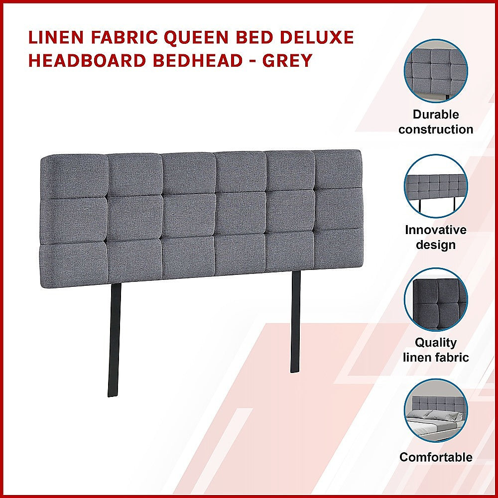 Linen Fabric Queen Bed Deluxe Headboard Bedhead - Grey V63-821433