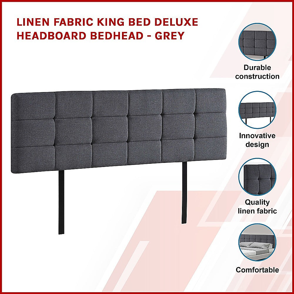 Linen Fabric King Bed Deluxe Headboard Bedhead - Grey V63-821443