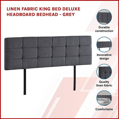 Linen Fabric King Bed Deluxe Headboard Bedhead - Grey V63-821443