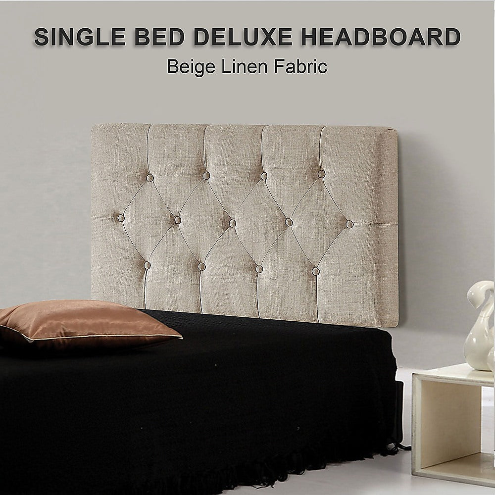 Linen Fabric Single Bed Deluxe Headboard Bedhead - Beige V63-821453