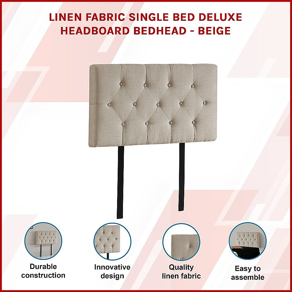 Linen Fabric Single Bed Deluxe Headboard Bedhead - Beige V63-821453