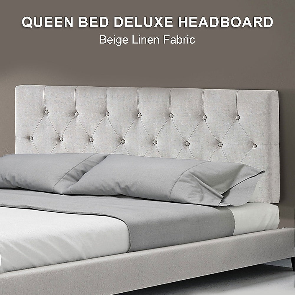 Linen Fabric Queen Bed Deluxe Headboard Bedhead - Beige V63-821473