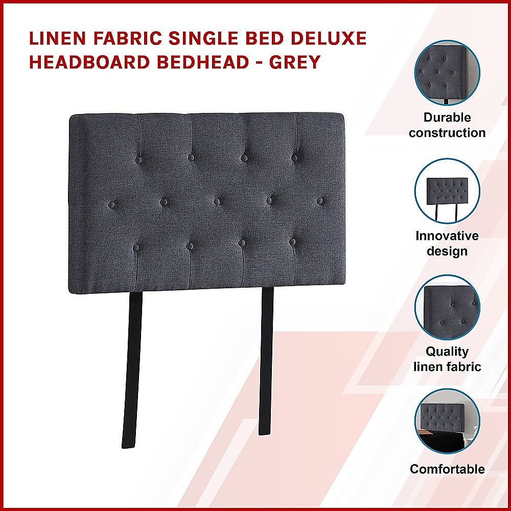 Linen Fabric Single Bed Deluxe Headboard Bedhead - Grey V63-821493