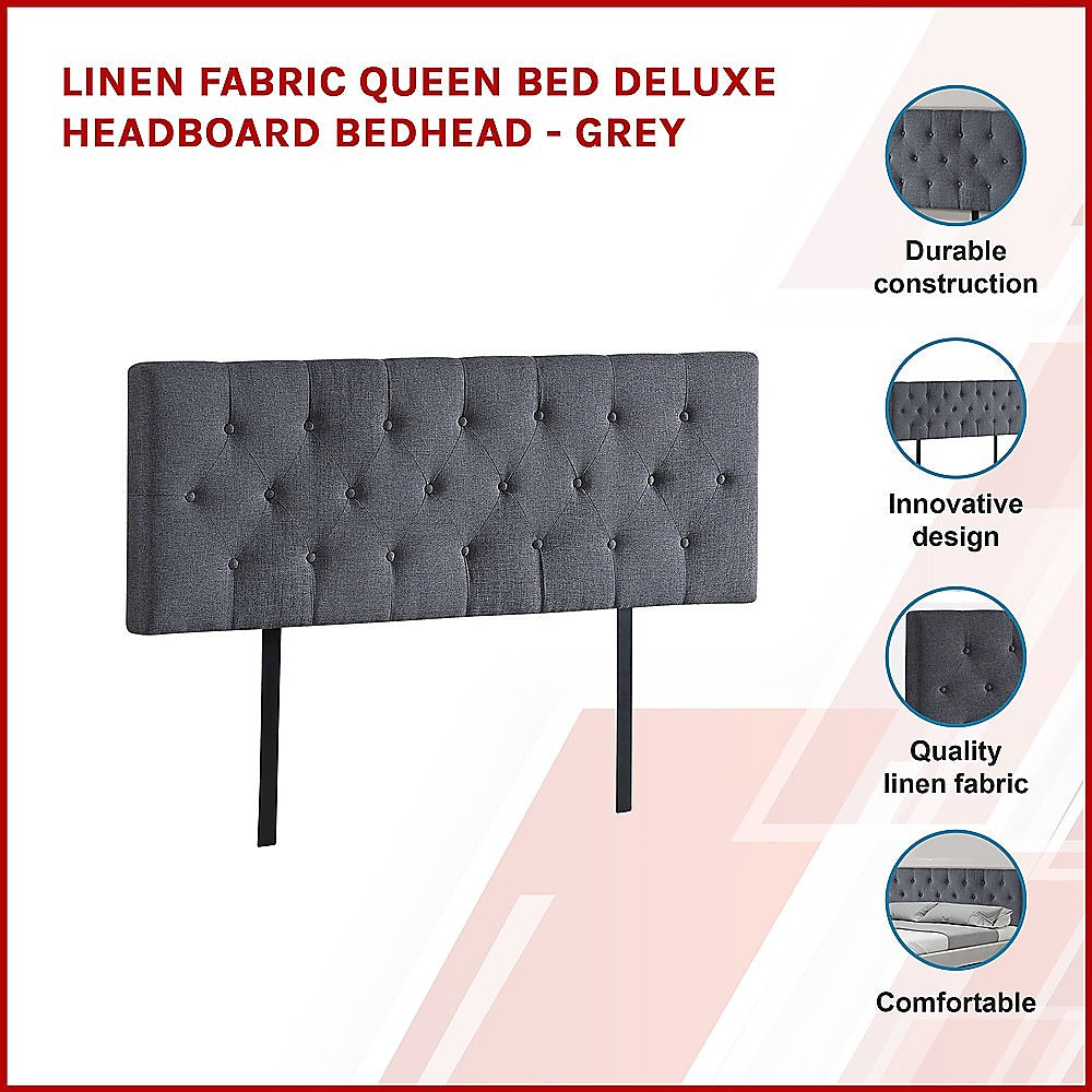 Linen Fabric Queen Bed Deluxe Headboard Bedhead - Grey V63-821513