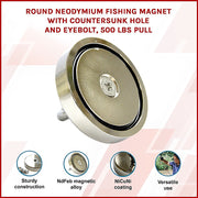 Round Neodymium Fishing Magnet with Countersunk Hole and Eyebolt, 500 LBS pull V63-821733