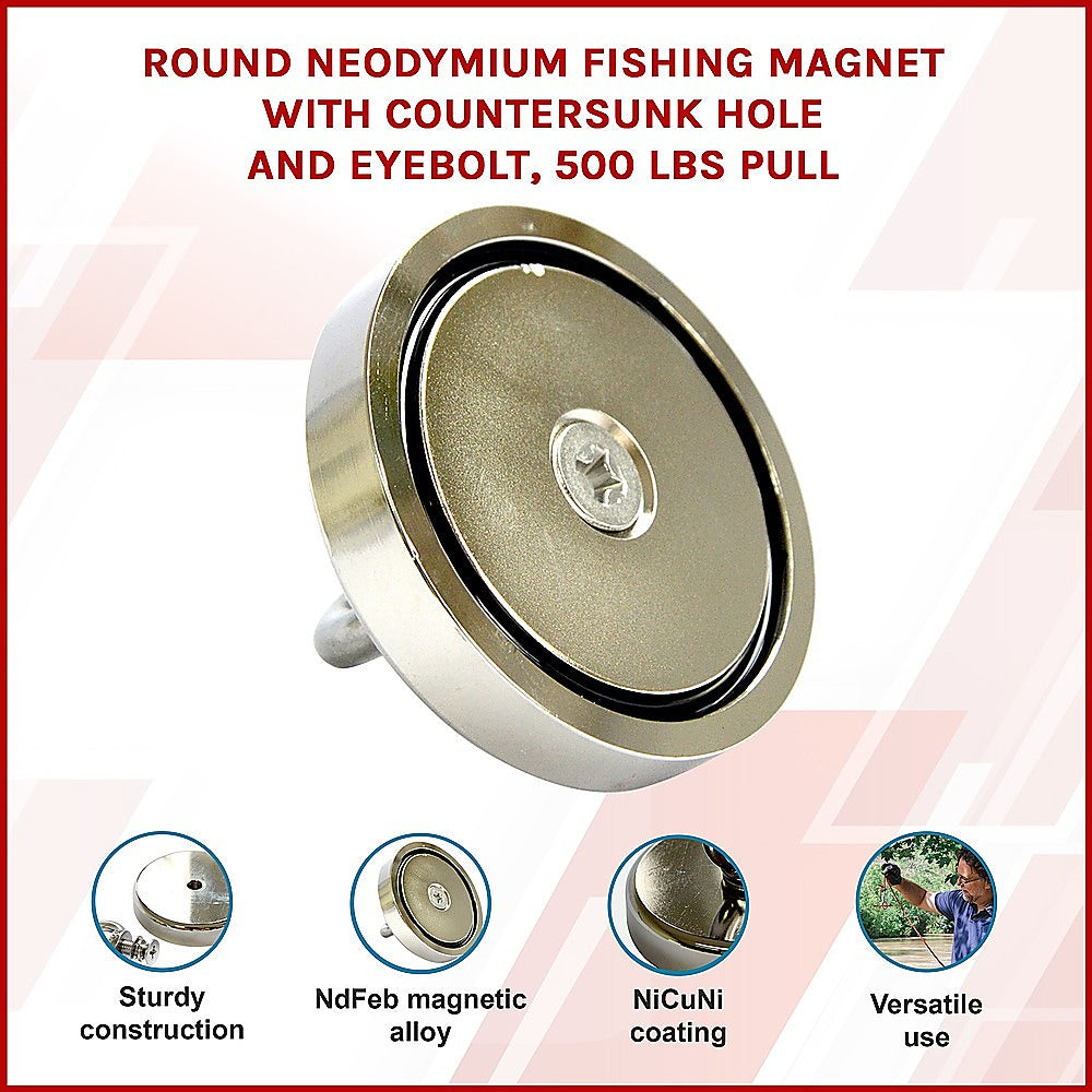 Round Neodymium Fishing Magnet with Countersunk Hole and Eyebolt, 500 LBS pull V63-821733