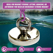 Round Neodymium Fishing Magnet with Countersunk Hole and Eyebolt, 500 LBS pull V63-821733
