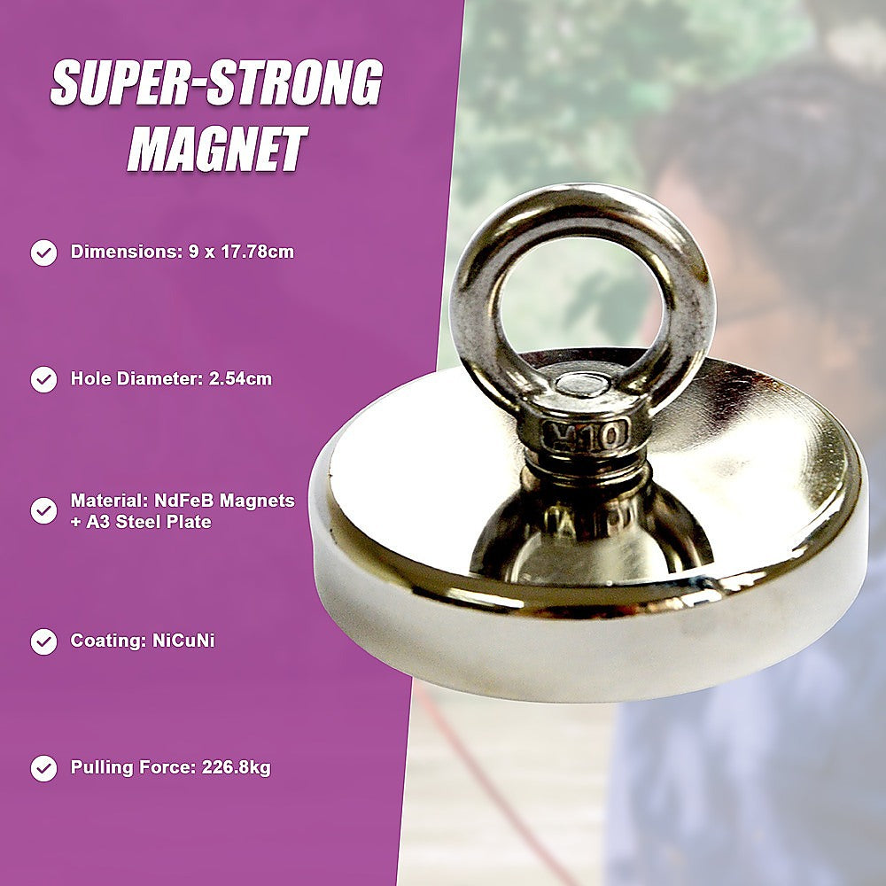 Round Neodymium Fishing Magnet with Countersunk Hole and Eyebolt, 500 LBS pull V63-821733
