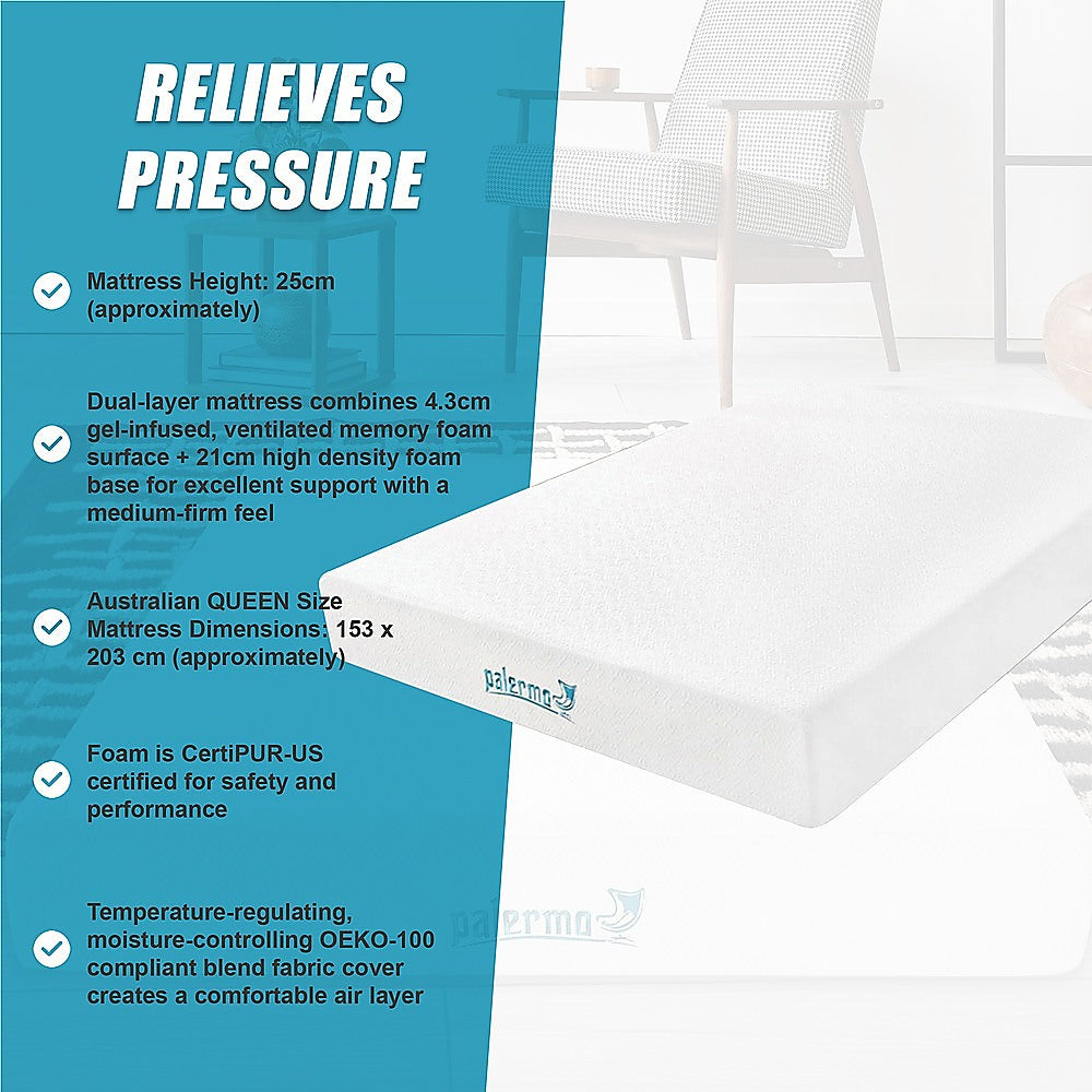 Queen 25cm Gel Memory Foam Mattress - Dual-Layered Comfort with CertiPUR-US Certified Foam V63-821861