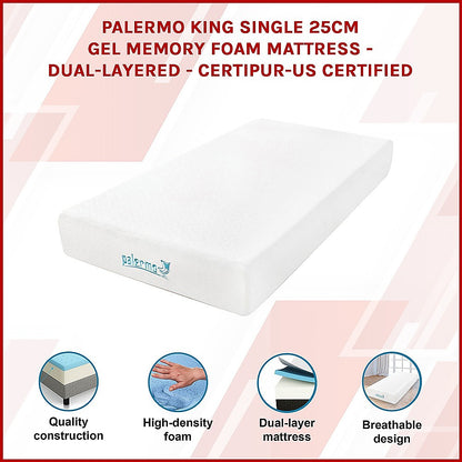 King Single 25cm Gel Memory Foam Mattress - Dual-Layered Comfort with CertiPUR-US Certified Foam V63-821901