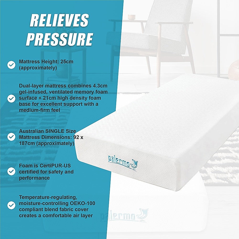 Single 25cm Gel Memory Foam Mattress - Dual-Layered Comfort with CertiPUR-US Certified Foam V63-821921