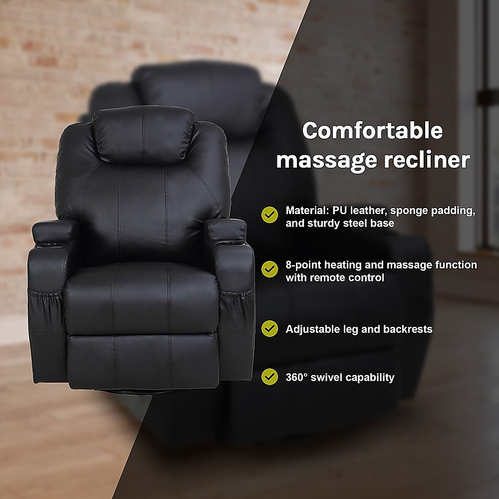Black Massage Sofa Chair Recliner 360 Degree Swivel PU Leather Lounge 8 Point Heated V63-821971