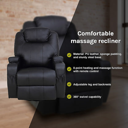 Black Massage Sofa Chair Recliner 360 Degree Swivel PU Leather Lounge 8 Point Heated V63-821971