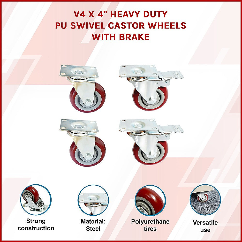 4 x 4" Heavy Duty PU Swivel Castor Wheels With Brake V63-822531