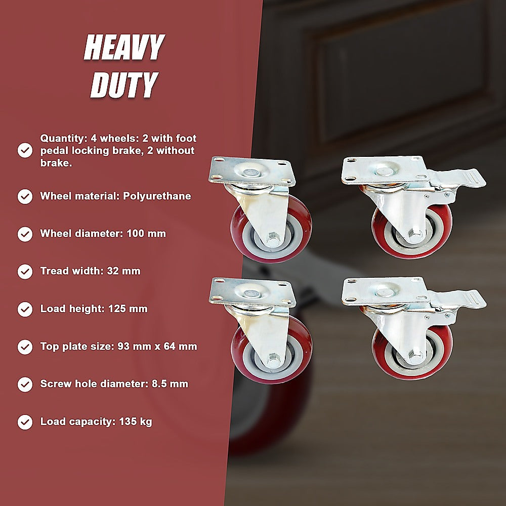 4 x 4" Heavy Duty PU Swivel Castor Wheels With Brake V63-822531
