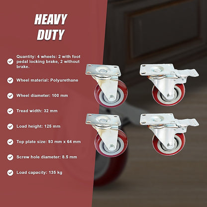 4 x 4" Heavy Duty PU Swivel Castor Wheels With Brake V63-822531