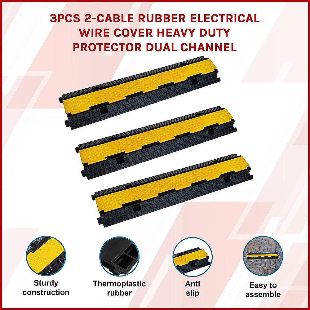 3pcs 2-Cable Rubber Electrical Wire Cover Heavy Duty Protector Dual Channel V63-822701