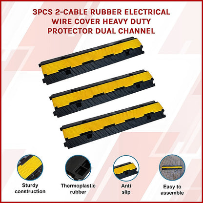3pcs 2-Cable Rubber Electrical Wire Cover Heavy Duty Protector Dual Channel V63-822701