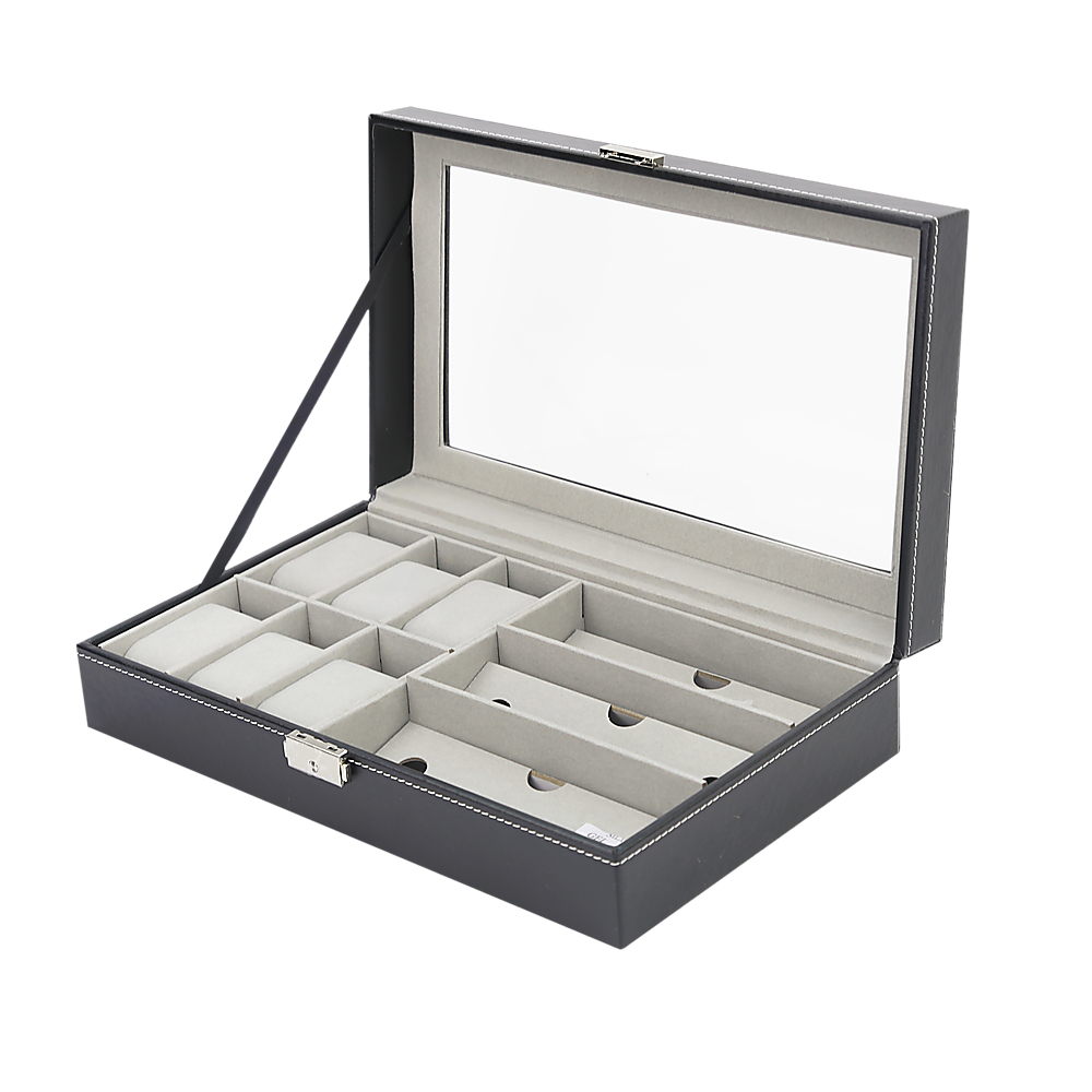 6+3 Grid Watch Sunglass Eyeglasses Display Box Case Storage Organizer PU Leather V63-823701