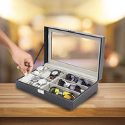 6+3 Grid Watch Sunglass Eyeglasses Display Box Case Storage Organizer PU Leather V63-823701