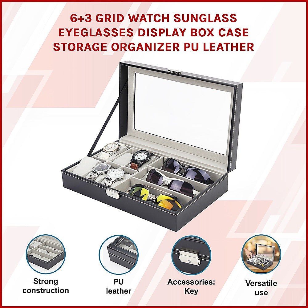 6+3 Grid Watch Sunglass Eyeglasses Display Box Case Storage Organizer PU Leather V63-823701