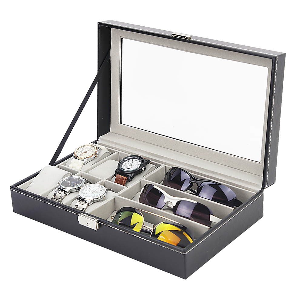 6+3 Grid Watch Sunglass Eyeglasses Display Box Case Storage Organizer PU Leather V63-823701