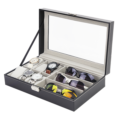 6+3 Grid Watch Sunglass Eyeglasses Display Box Case Storage Organizer PU Leather V63-823701