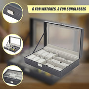 6+3 Grid Watch Sunglass Eyeglasses Display Box Case Storage Organizer PU Leather V63-823701