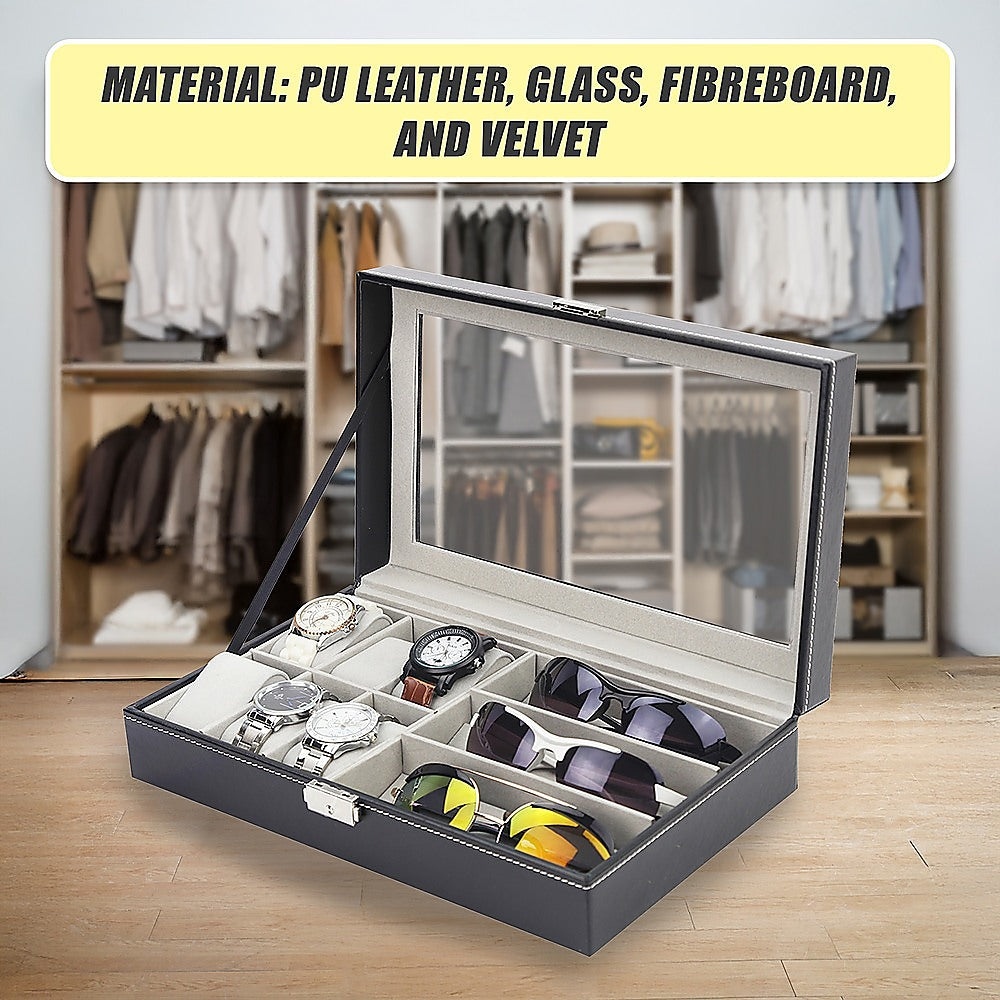 6+3 Grid Watch Sunglass Eyeglasses Display Box Case Storage Organizer PU Leather V63-823701