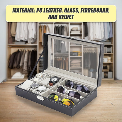 6+3 Grid Watch Sunglass Eyeglasses Display Box Case Storage Organizer PU Leather V63-823701