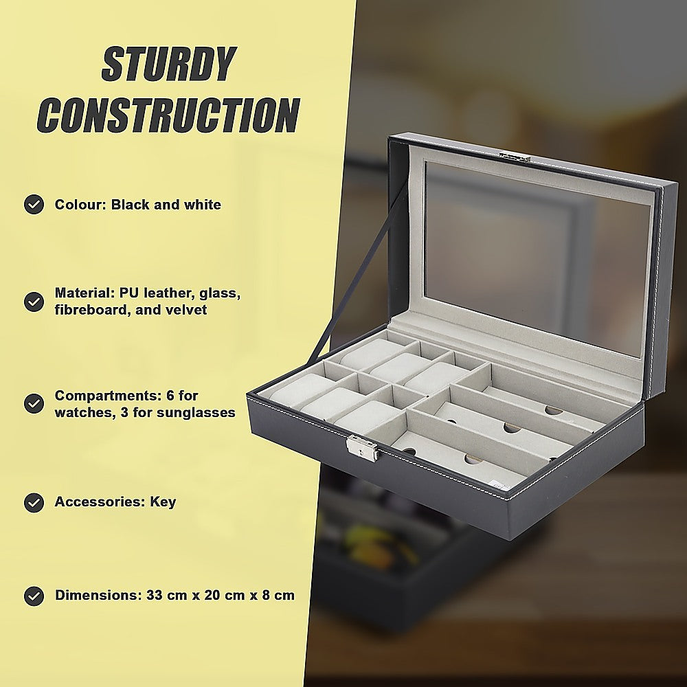6+3 Grid Watch Sunglass Eyeglasses Display Box Case Storage Organizer PU Leather V63-823701