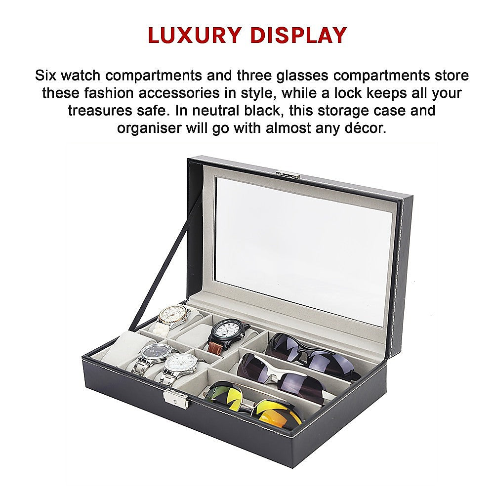 6+3 Grid Watch Sunglass Eyeglasses Display Box Case Storage Organizer PU Leather V63-823701