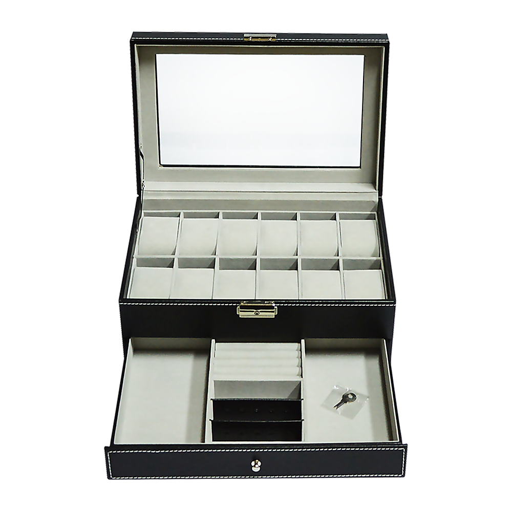 12 Grids Watch Display Case Leather jewellery Storage Box Organiser Lock Key V63-823711