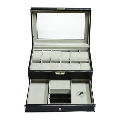 12 Grids Watch Display Case Leather jewellery Storage Box Organiser Lock Key V63-823711