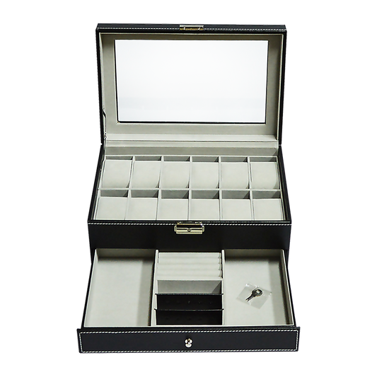 12 Grids Watch Display Case Leather jewellery Storage Box Organiser Lock Key V63-823711