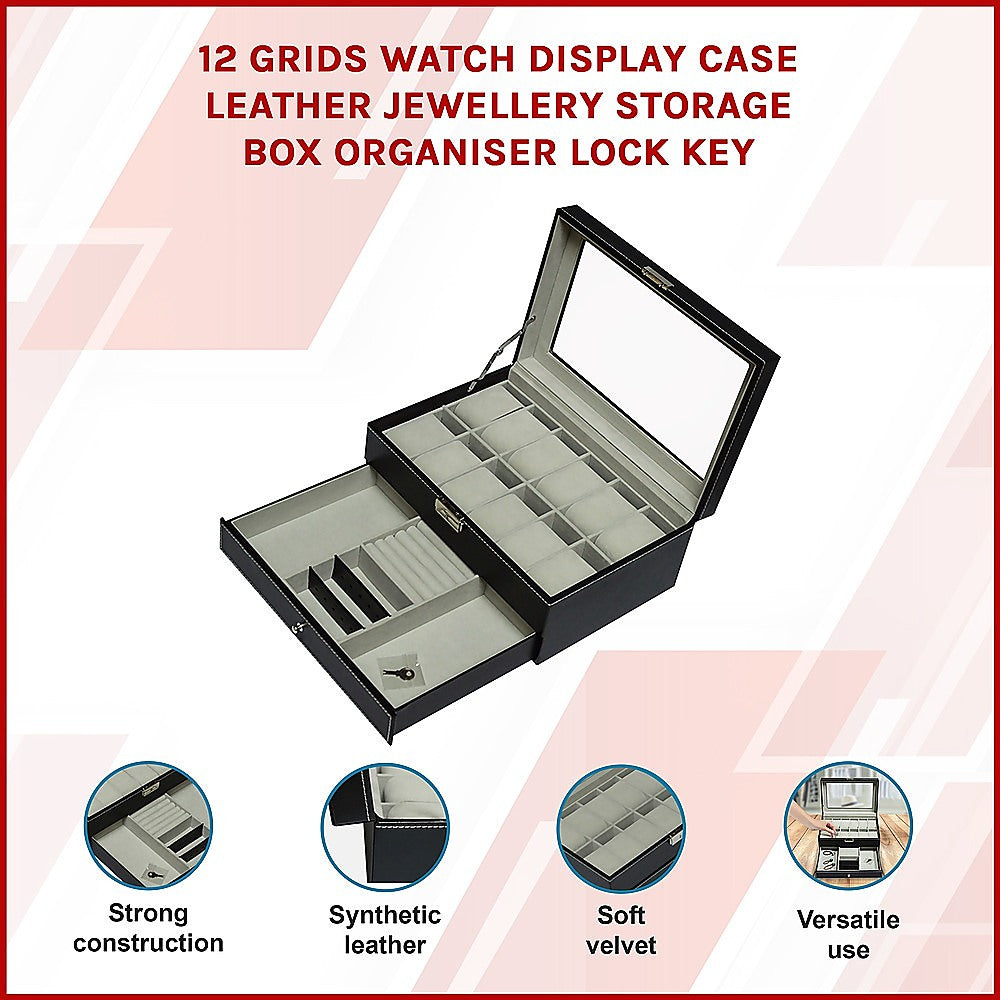 12 Grids Watch Display Case Leather jewellery Storage Box Organiser Lock Key V63-823711