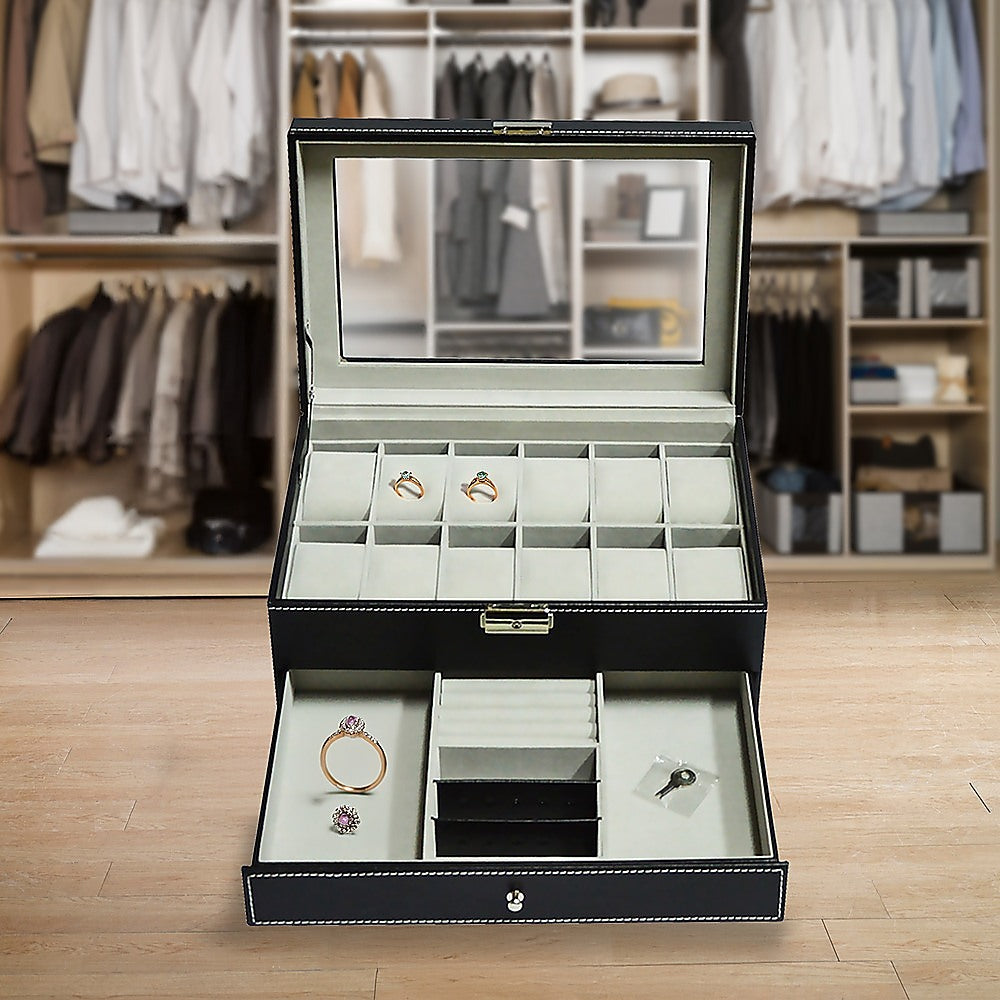 12 Grids Watch Display Case Leather jewellery Storage Box Organiser Lock Key V63-823711