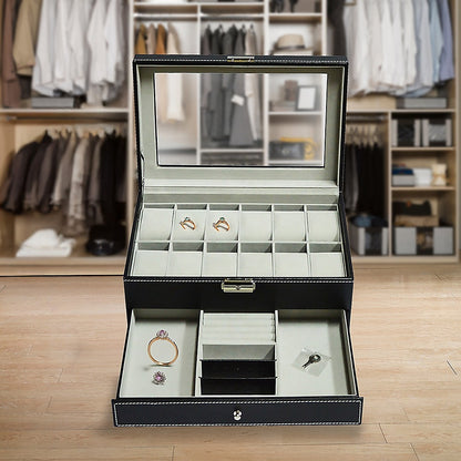 12 Grids Watch Display Case Leather jewellery Storage Box Organiser Lock Key V63-823711