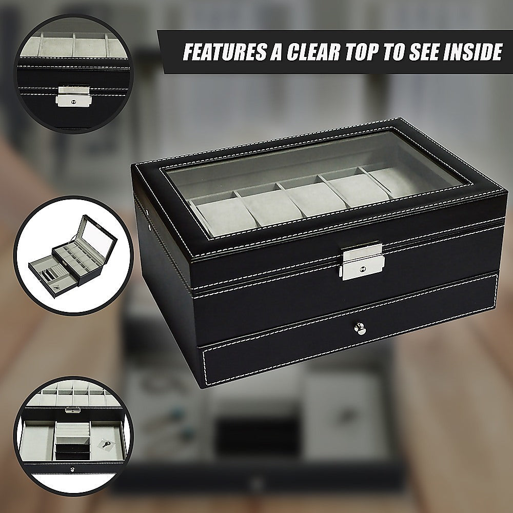 12 Grids Watch Display Case Leather jewellery Storage Box Organiser Lock Key V63-823711