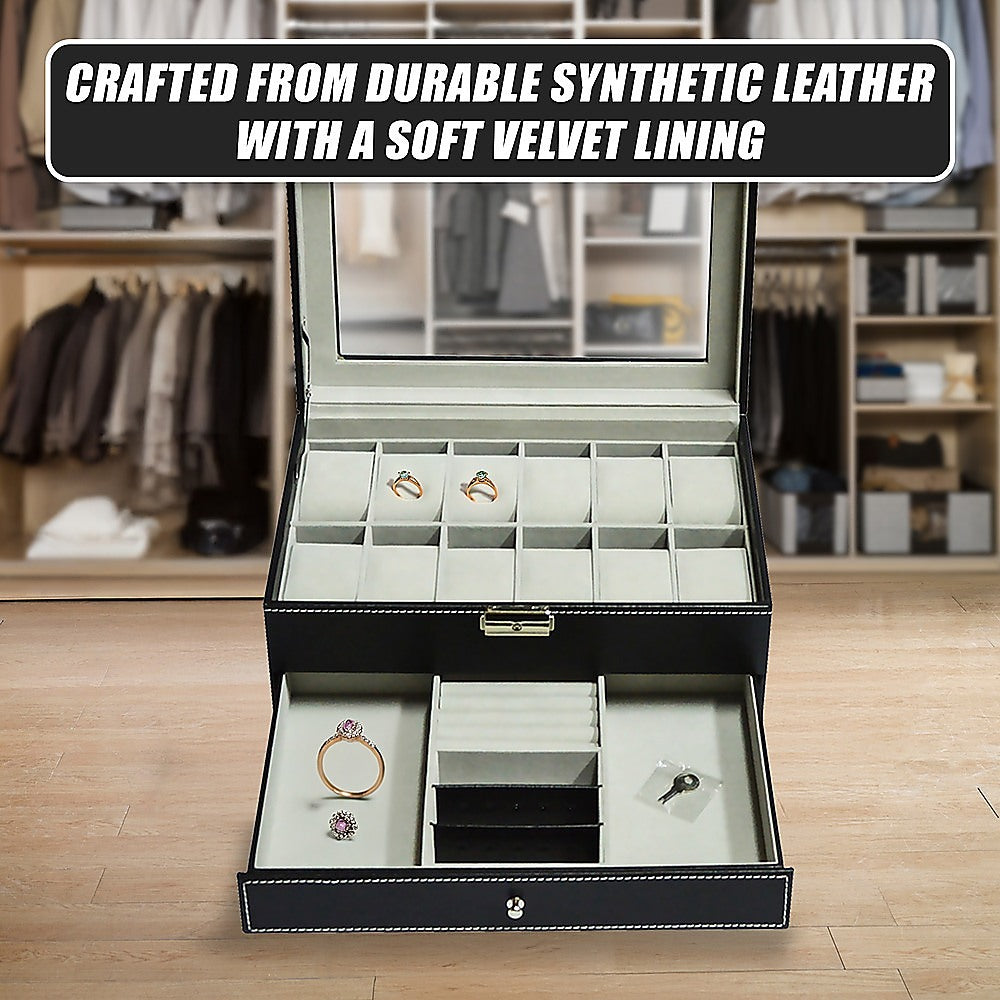 12 Grids Watch Display Case Leather jewellery Storage Box Organiser Lock Key V63-823711