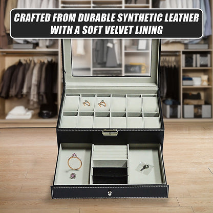 12 Grids Watch Display Case Leather jewellery Storage Box Organiser Lock Key V63-823711