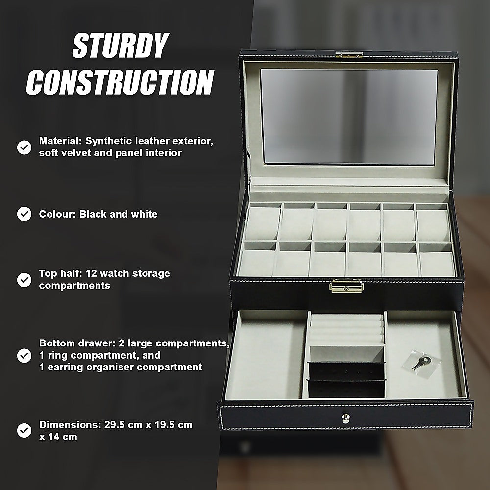 12 Grids Watch Display Case Leather jewellery Storage Box Organiser Lock Key V63-823711