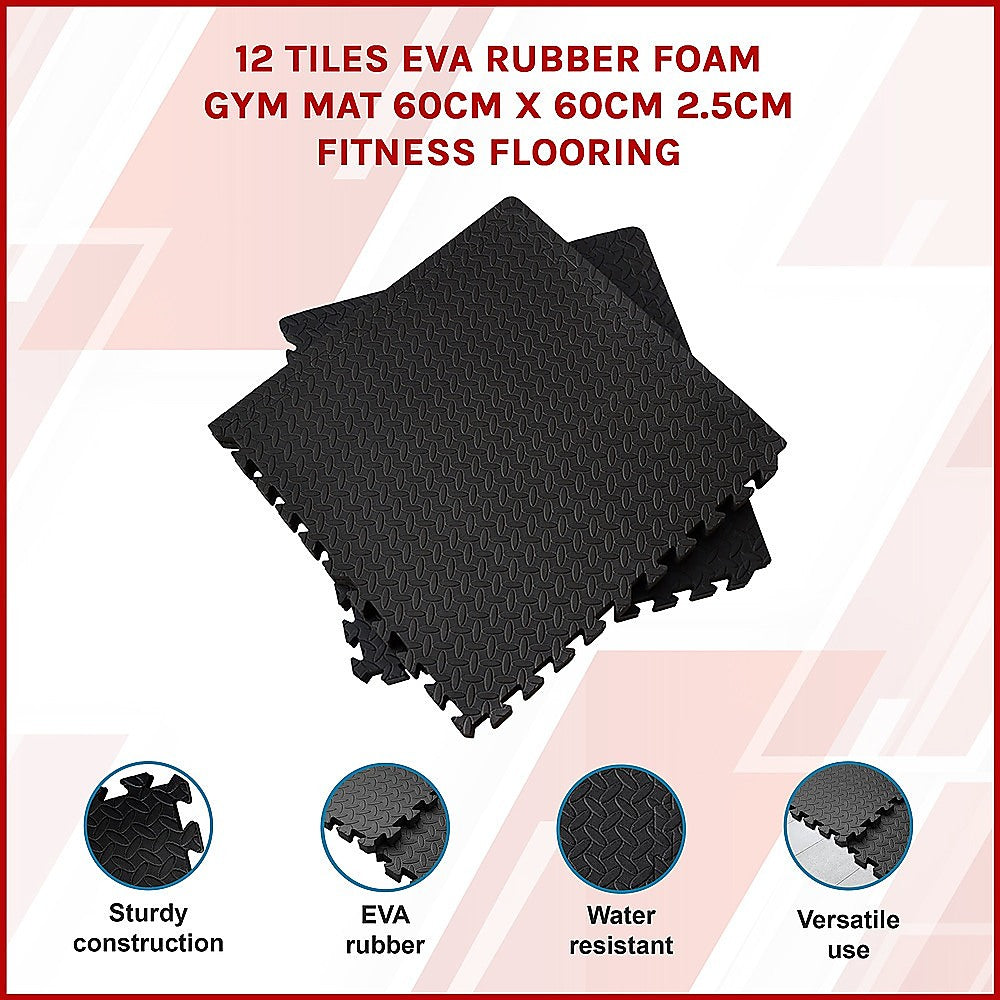 12 Tiles EVA Rubber Foam Gym Mat 60x60cm - 2.5cm Thick Fitness Flooring Set V63-823881