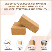 2 x Cork Yoga Block Set Natural Exercise Brick Support for Balance, Stretching and Stability V63-823991