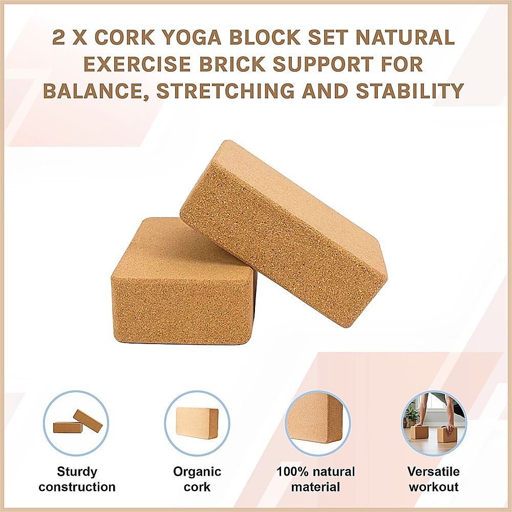 2 x Cork Yoga Block Set Natural Exercise Brick Support for Balance, Stretching and Stability V63-823991